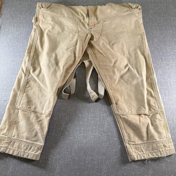 Carhartt Bib Overalls Mens 44x32 Beige Duck Canvas Carpenter Workwear R01-M - Picture 6 of 13